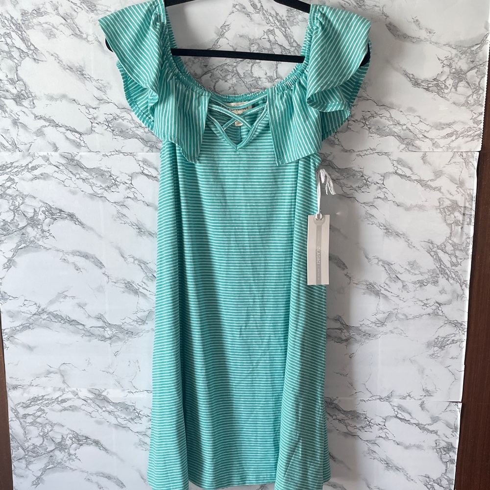 Lagaci M NWT Aqua Striped Midi Dress with Ruffle Sleeves